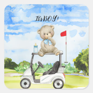 Golf Teddy Bear It's Boy for Baby Shower Square Sticker