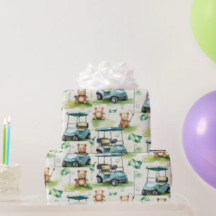 Golf Teddy bear with golf cart on green Wrapping Paper