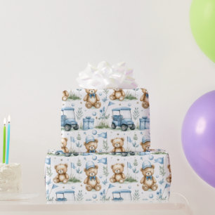Golf Teddy bear with golf cart on green Wrapping Paper