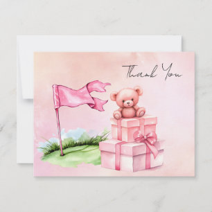 Golf teddy bear with pink gift box on green thank you card