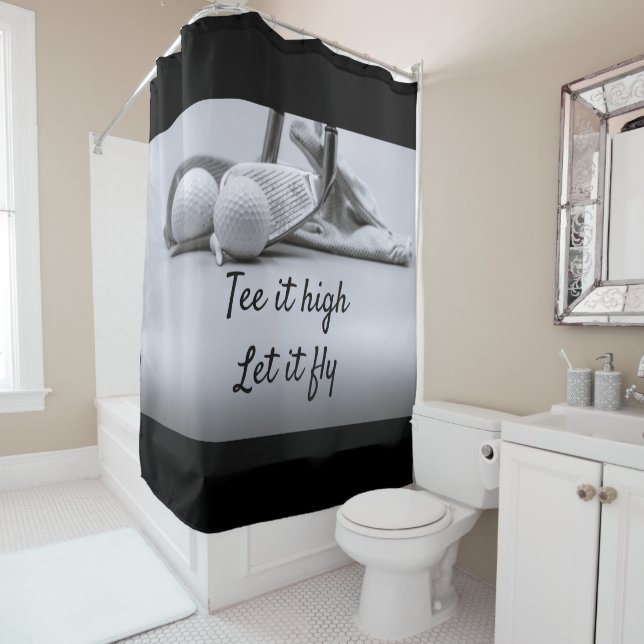 Golf tee and golf ball are on black background shower curtain (In Situ)