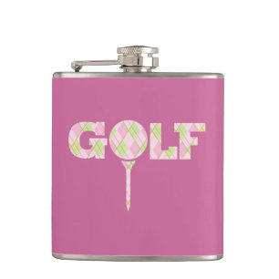 Golf tee logo argyle pink ladies plaid hip flask