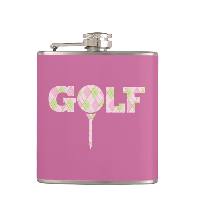 Golf tee logo argyle pink ladies plaid hip flask (Front)