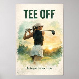 Golf tee off with woman golfer poster