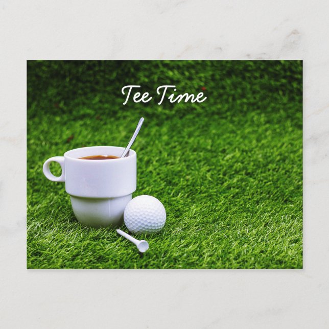 Golf tee time with cup of tea on green grass postcard (Front)