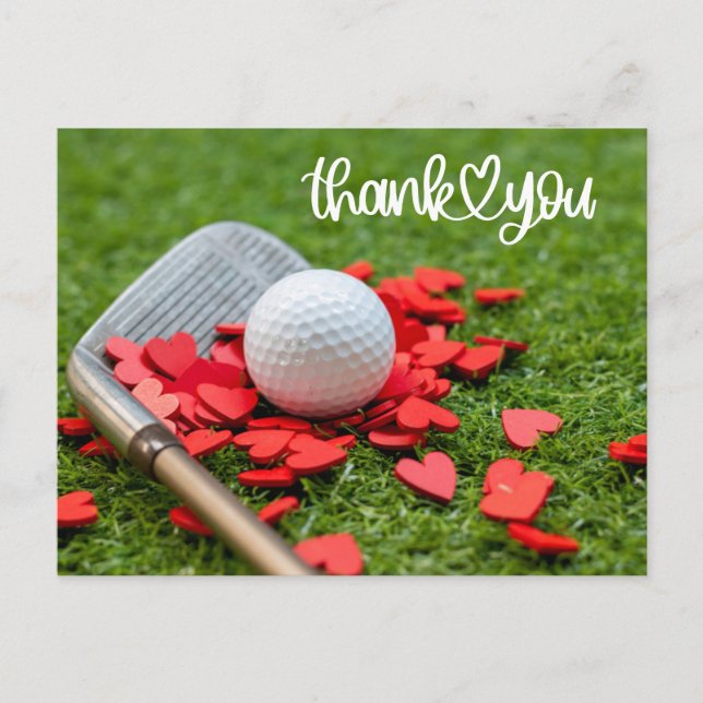 Golf Thank you with love red heart on green golfer Postcard (Front)