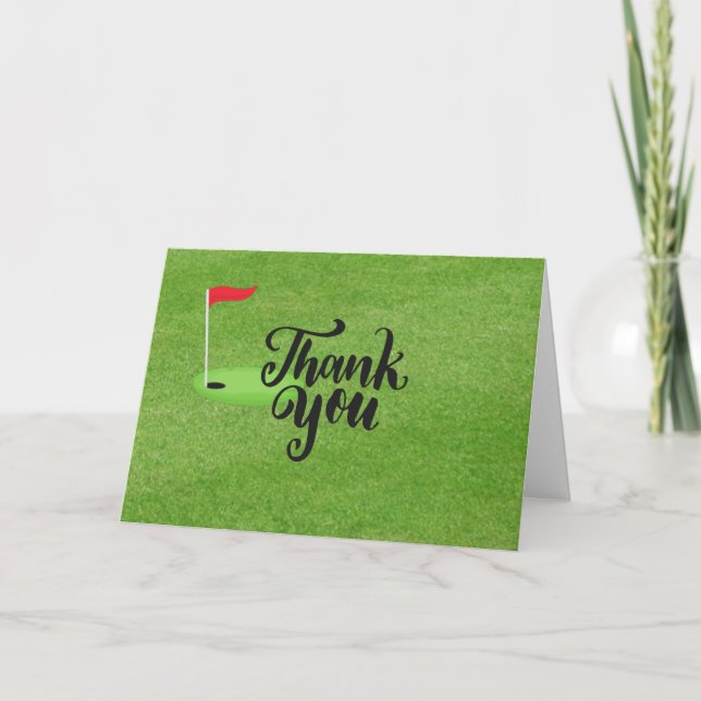 Golf Thank you with text and flag on green grass C Card (Front)