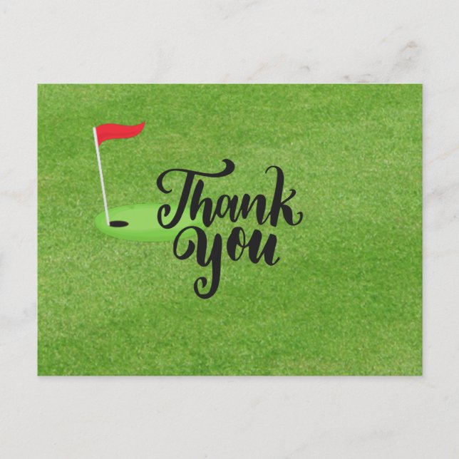 Golf Thank you with text and flag on green grass Postcard (Front)