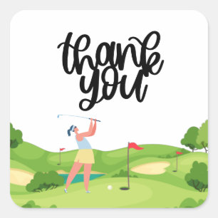 Golf thank you with  woman golfer putting on green square sticker