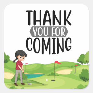 Golf thank you with  woman golfer putting on green square sticker