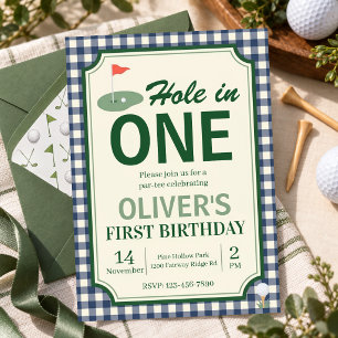 Golf Theme 1st Birthday Party Green Gingham Invitation