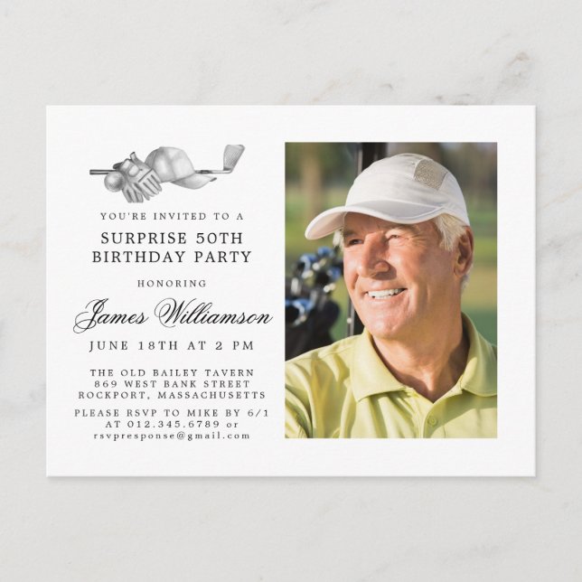 Golf Theme 50th SURPRISE Birthday Party Photo Invitation Postcard (Front)