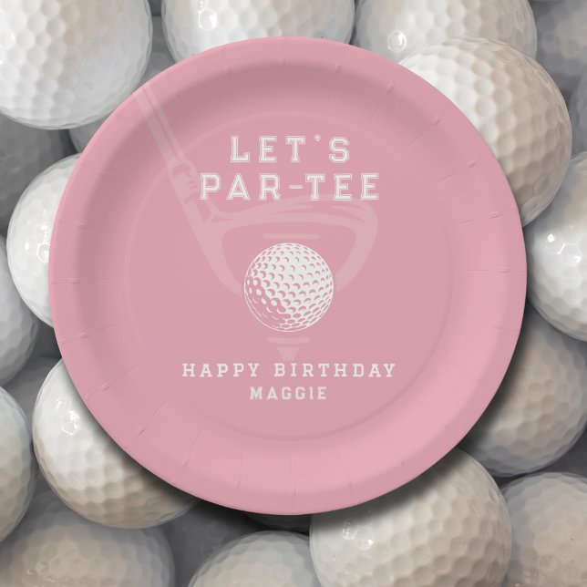  Golf Theme Birthday Let's Par-tee Name Pink Paper Plate (Creator Uploaded)