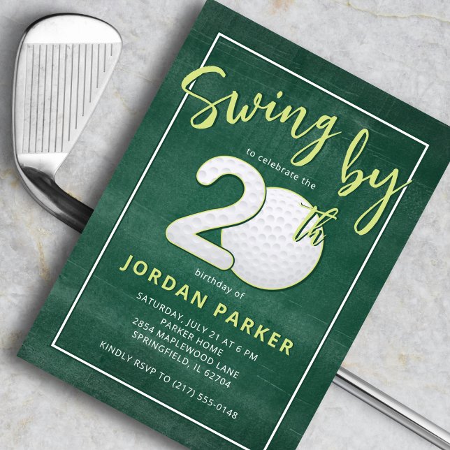 Golf Theme Swing By 20th Birthday Stylish Green Invitation (Creator Uploaded)