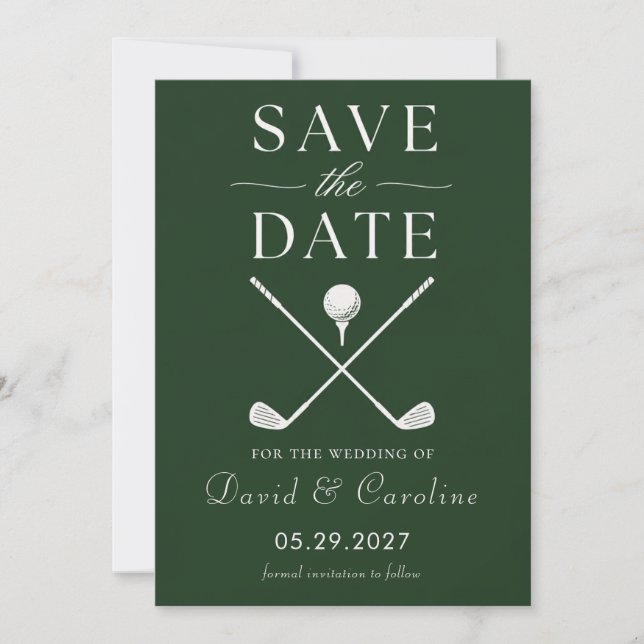 Golf Themed Dark Green Simple Modern Wedding  Save The Date (Front)