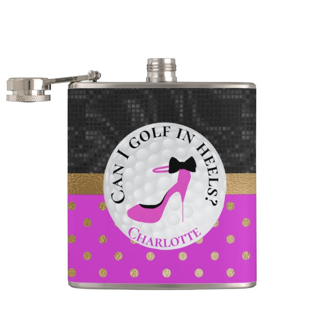 Golf Themed Girly Pink and Black Hip Flask (Opened)