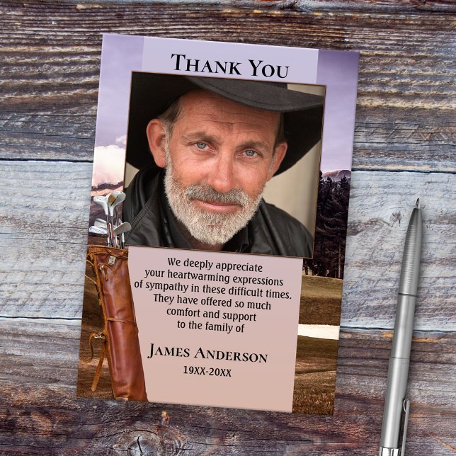 Golf Themed Sympathy Funeral Photo Thank You Card (Heartfelt memorial or funeral photo Thank You card with golf clubs and golf course)