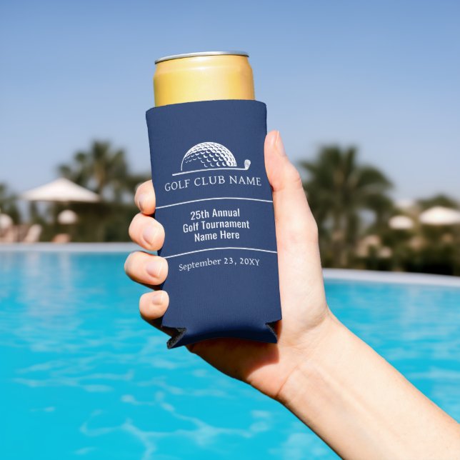Golf Tournament Outing Blue Custom Text Skinny Seltzer Can Cooler (In Situ Pool)