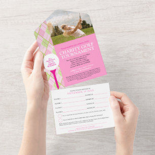 Golf tournament pink plaid custom photo RSVP All In One Invitation