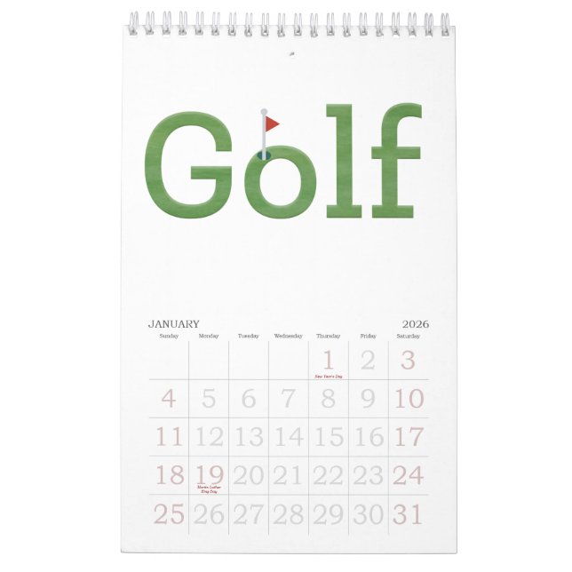 GOLF typography 2026 Hanging Wall Calendar (Jan 2026)