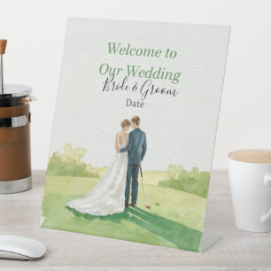 Golf wedding Birde and Groom on Putting Green Pedestal Sign