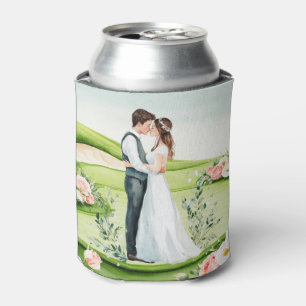 Golf Wedding Bride and Groom Golfer on green Can Cooler