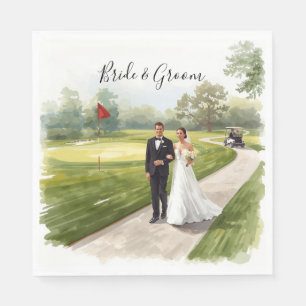 Golf Wedding Bride and Groom on the golf course Napkin