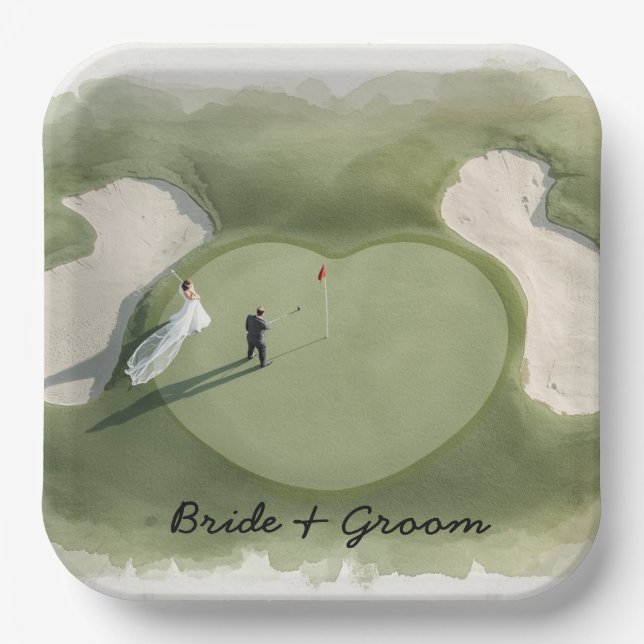Golf wedding bride groom golf ball tee with love paper plate (Front)
