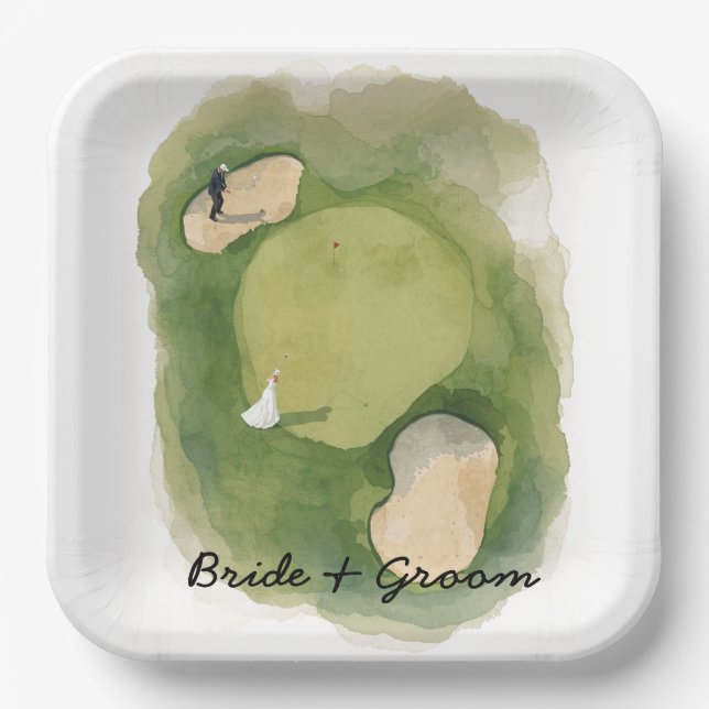 Golf wedding bride groom golf ball tee with love paper plate (Front)