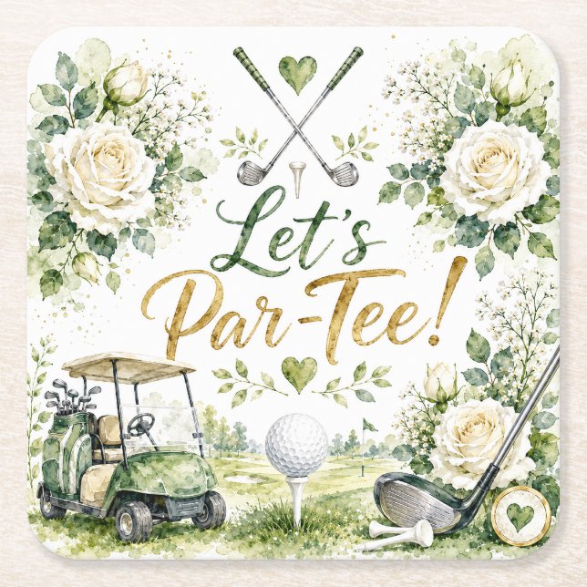 Golf Wedding Floral Let's Par Tee  Square Paper Coaster (Front)