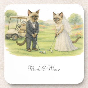 Golf Wedding for Cat Lovers watercolor style Coaster