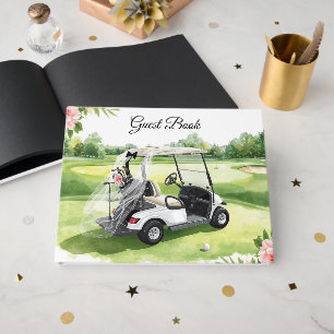 Golf wedding golf cart on green grass guest book
