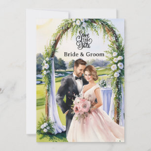 Golf Wedding Invitation card with bride and groom