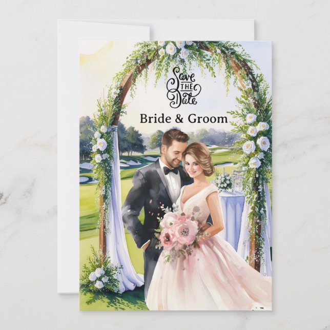 Golf Wedding Invitation card with bride and groom (Front)
