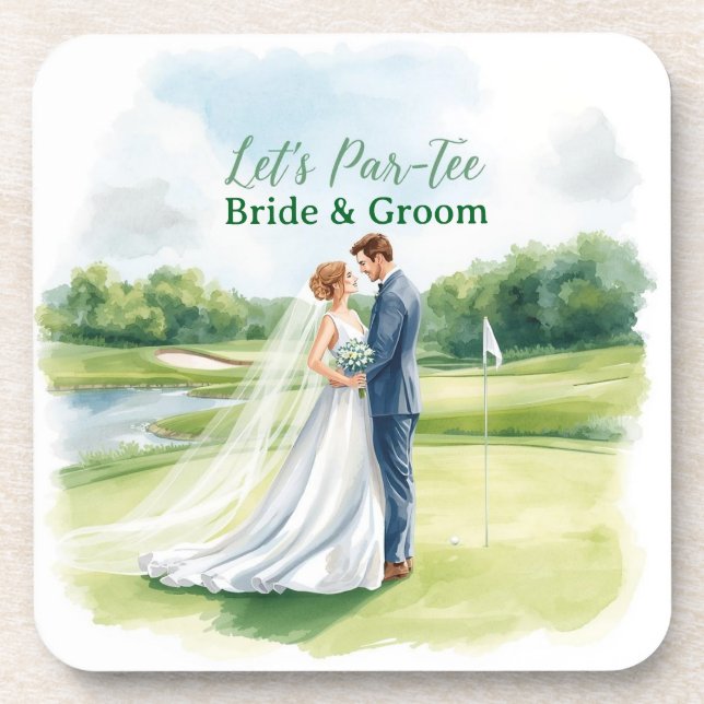 Golf Wedding Party with Bride & Groom on Green Coaster (Front)