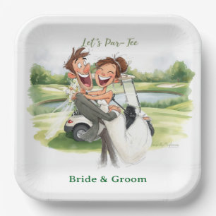 Golf Wedding Party with Bride & Groom on Green Paper Plate