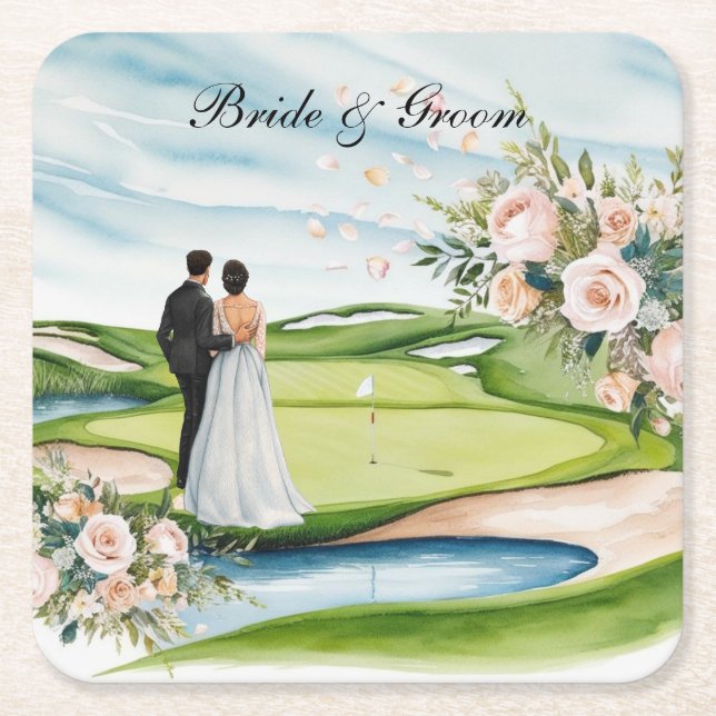 Golf Wedding themed on golf course Square Paper Coaster (Front)