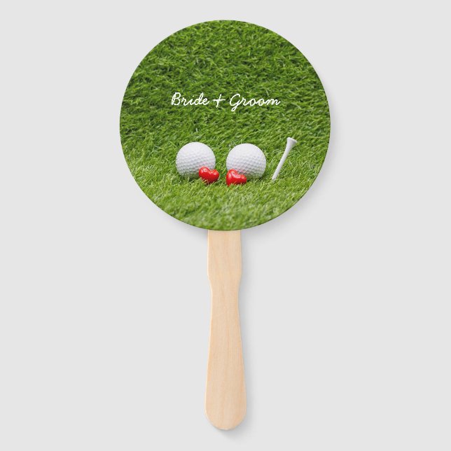 Golf Wedding two golf balls on green with love Hand Fan (Front)