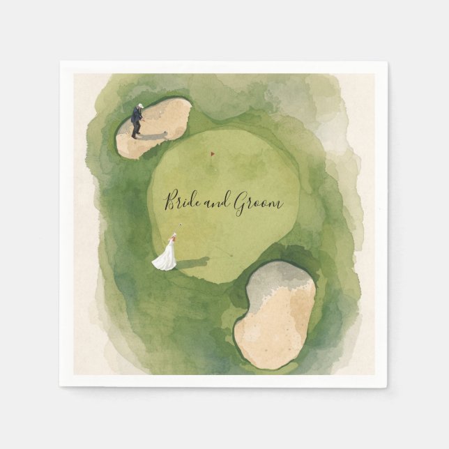 Golf Wedding with bride and groom on golf course Napkin (Front)