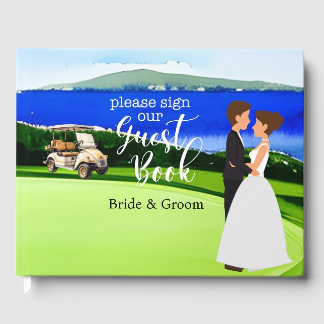 Golf wedding with bride and groom on green golfer guest book (Front)
