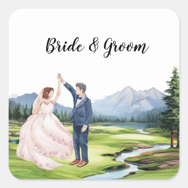 Golf Wedding with bride and groom  Square Sticker (Front)