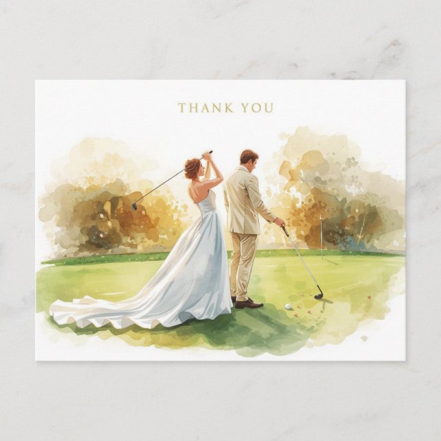 Golf wedding with bride and groom with text postcard (Front)