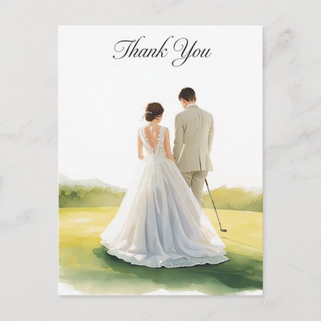Golf wedding with bride and groom with text postcard (Front)