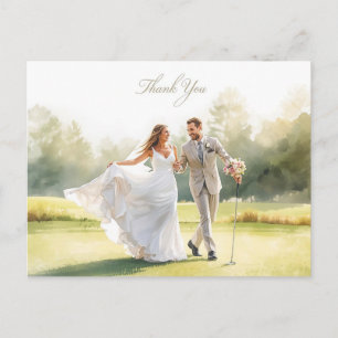 Golf wedding with bride and groom with text postcard