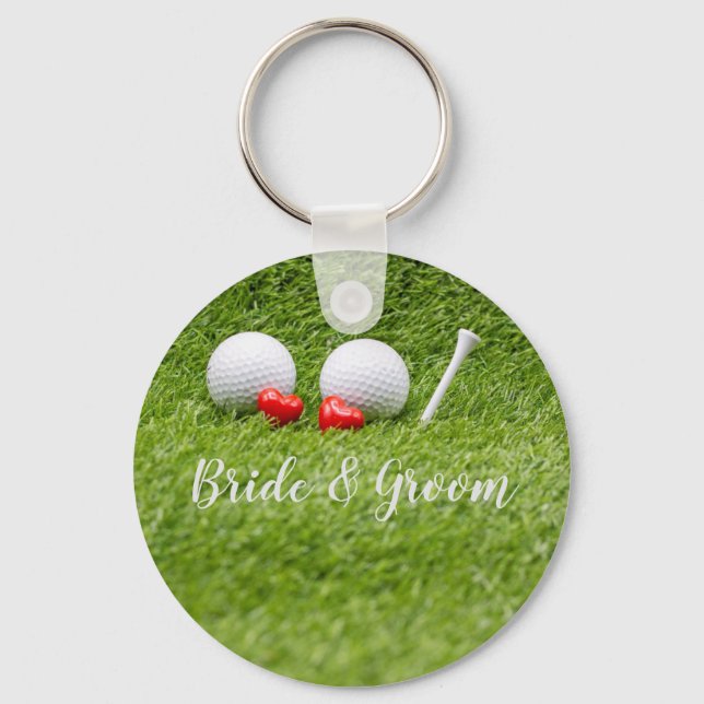 Golf Wedding with golf ball tee with love on green Key Ring (Front)