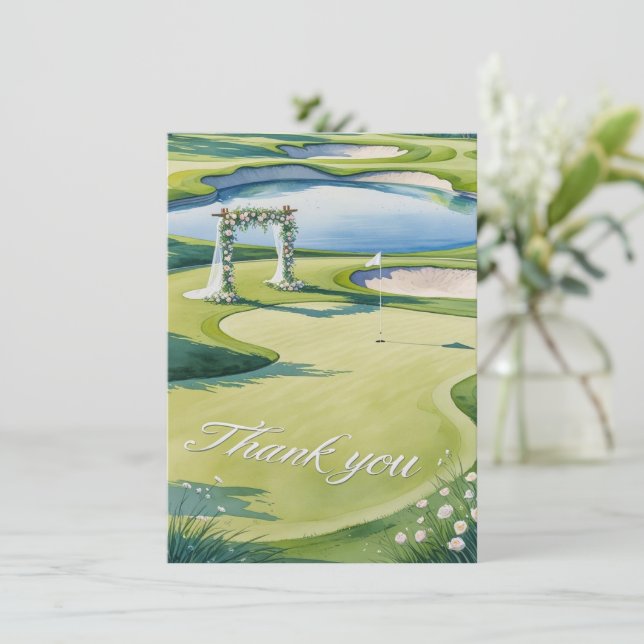 Golf Wedding with Text on golf course  Thank You Card (Standing Front)