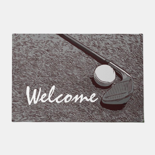 Golf welcome door mat golfer golf balls and iron (Front)