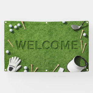 Golf Welcome sign with golf and tee on green grass