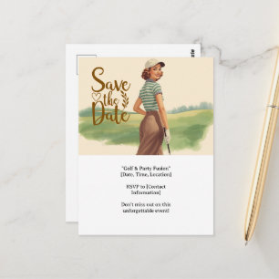 Golf woman golfer is golfing on green postcard