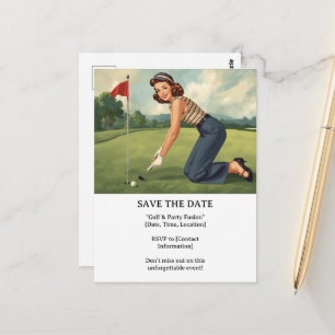 Golf woman golfer is golfing on green postcard